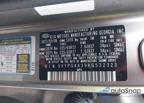 2019 Kia Sorento 2.4L Lx z USA, uszkodzony, nr VIN 5XYPG4A39KG532323